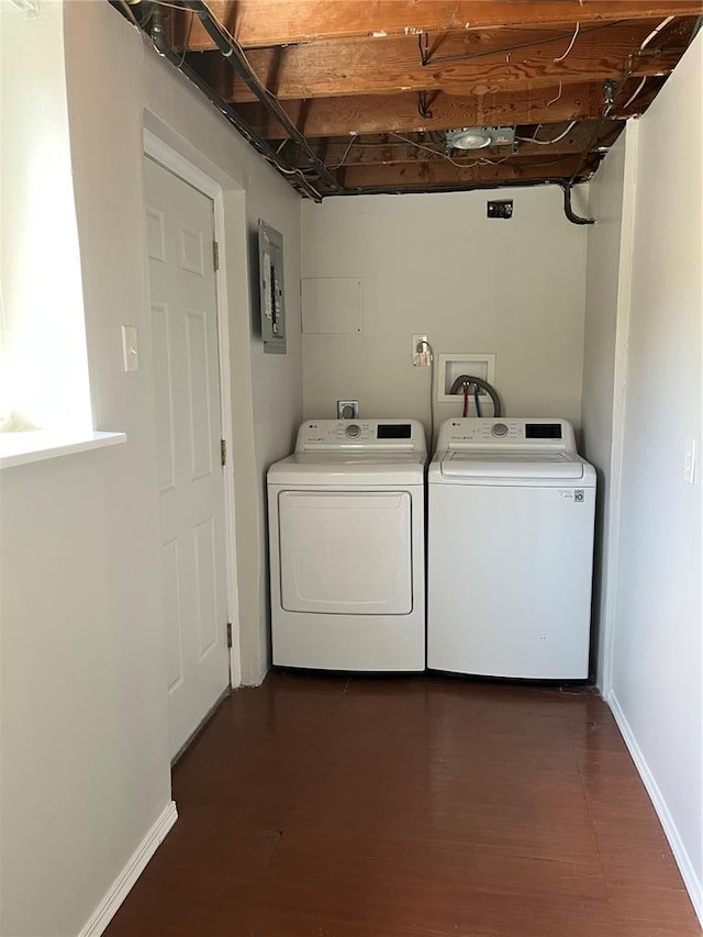 laundry room featuring washer and clothes dryer, dark wood-type flooring, and electric panel