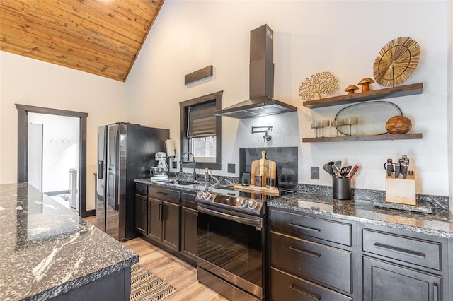 1300 River Valley Rd, Doniphan, MO 63935 - kitchen with stainless steel appliances, island range hood, a sink, dark stone countertops, and wood ceiling