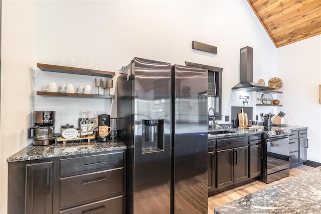 1300 River Valley Rd, Doniphan, MO 63935 - kitchen featuring stainless steel fridge with ice dispenser, electric range oven, a sink, open shelves, and wall chimney range hood