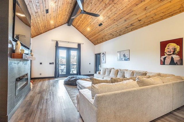 1300 River Valley Rd, Doniphan, MO 63935 - living area featuring ceiling fan, wood finished floors, wooden ceiling, a large fireplace, and high vaulted ceiling