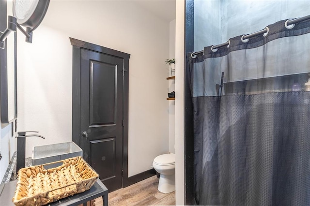 1300 River Valley Rd, Doniphan, MO 63935 - bathroom featuring wood finished floors, toilet, and curtained shower
