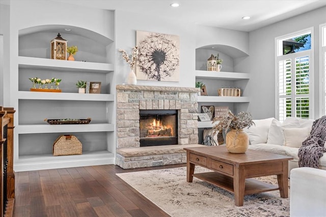2604 Center Ave, Wildwood, MO 63040 - living room with built in features, hardwood / wood-style flooring, a fireplace, and recessed lighting
