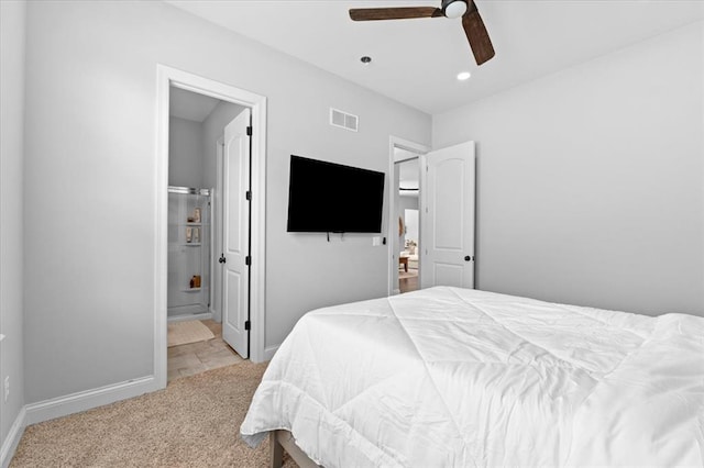 2604 Center Ave, Wildwood, MO 63040 - bedroom with carpet floors, baseboards, connected bathroom, recessed lighting, and ceiling fan