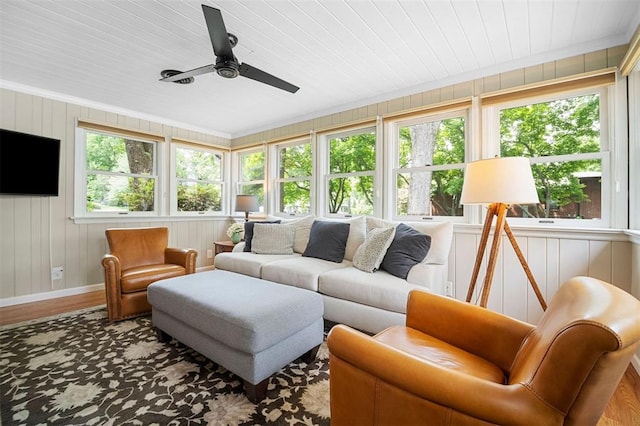 5 Homestead Acres, Olivette, MO 63132 - living room featuring crown molding, a ceiling fan, wood finished floors, baseboards, and wooden ceiling