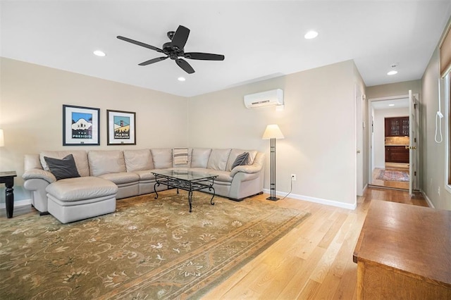 5 Homestead Acres, Olivette, MO 63132 - living room with an AC wall unit, baseboards, wood finished floors, recessed lighting, and ceiling fan
