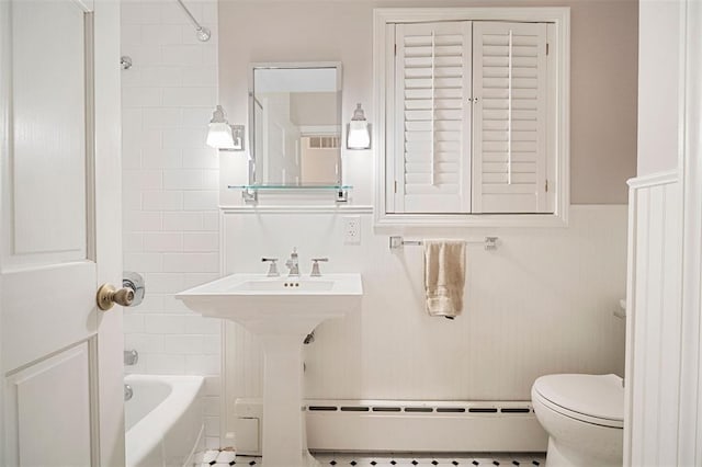 5 Homestead Acres, Olivette, MO 63132 - full bath with a baseboard radiator, toilet, shower / washtub combination, and wainscoting
