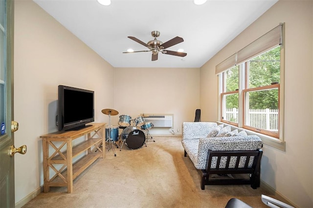 5 Homestead Acres, Olivette, MO 63132 - living area featuring carpet floors, a ceiling fan, recessed lighting, a wall unit AC, and baseboards