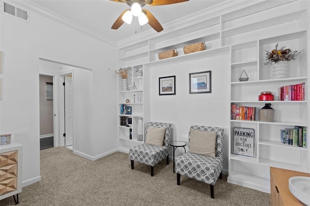 230 N Boyle Ave Unit B, Saint Louis, MO 63108 - living area featuring carpet floors, crown molding, ceiling fan, and baseboards