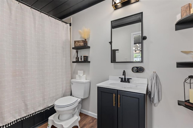 213 Quarry St, Staunton, IL 62088 - full bathroom with toilet, wood finished floors, vanity, a shower with shower curtain, and baseboards