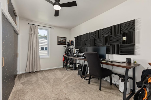 213 Quarry St, Staunton, IL 62088 - home office featuring ceiling fan, light carpet, and baseboards