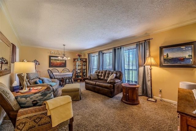 310 Smith Rd, Lebanon, MO 65536 - living area with carpet, ornamental molding, a textured ceiling, a chandelier, and baseboards