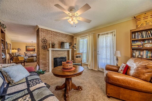 310 Smith Rd, Lebanon, MO 65536 - living area with crown molding, a textured ceiling, carpet floors, a ceiling fan, and a brick fireplace