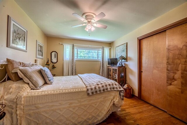 310 Smith Rd, Lebanon, MO 65536 - bedroom with wood finished floors, a ceiling fan, and a closet