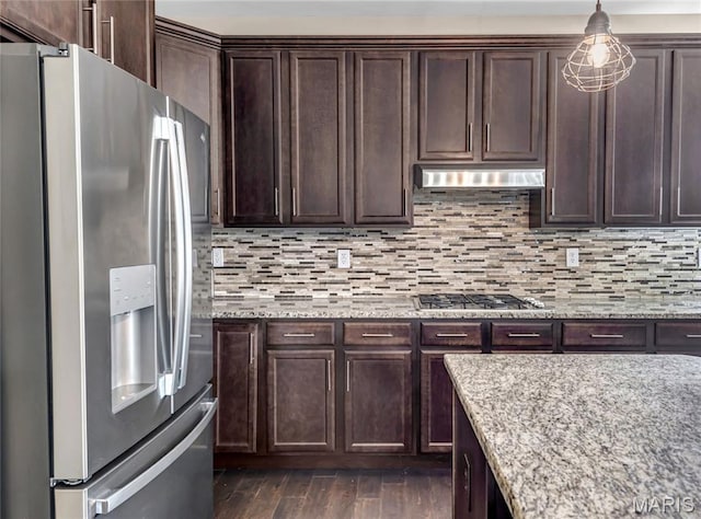 2001 Paul Renaud Blvd, Lake St Louis, MO 63367 - kitchen featuring stainless steel appliances, dark wood-style floors, dark brown cabinets, and backsplash