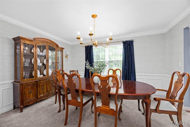 139 Foxtail Dr, Frontier Township, MO 63303 - dining space featuring a chandelier, light colored carpet, crown molding, a decorative wall, and a wainscoted wall