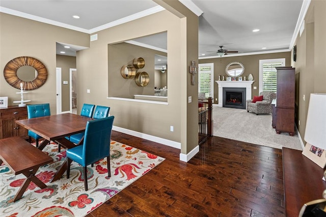 1514 Autumn St, Godfrey, IL 62035 - dining space featuring ornamental molding, a ceiling fan, wood-type flooring, recessed lighting, and baseboards