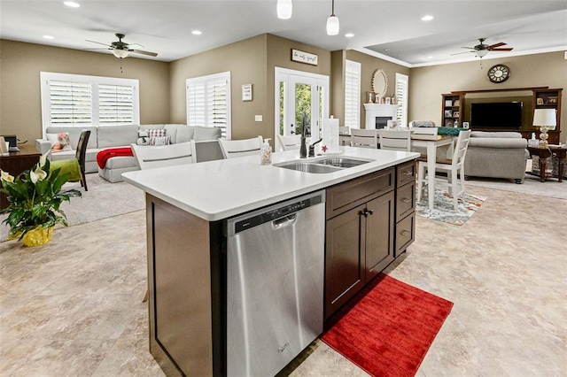 1514 Autumn St, Godfrey, IL 62035 - kitchen featuring stainless steel dishwasher, open floor plan, a sink, ceiling fan, and recessed lighting