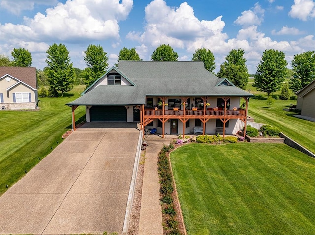 205 Hickman Dr, Bowling Green, MO 63334 - view of front of property featuring concrete driveway, a garage, a front lawn, and a wooden deck