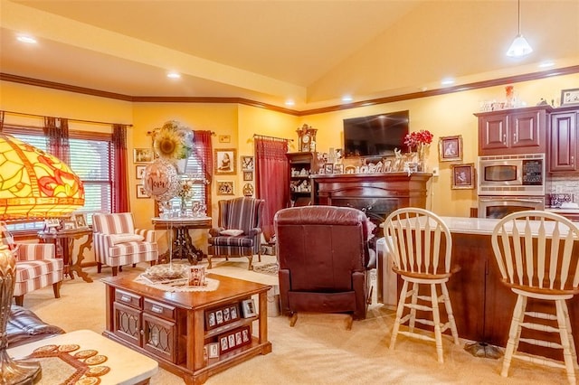 205 Hickman Dr, Bowling Green, MO 63334 - living room featuring light colored carpet, vaulted ceiling, crown molding, and recessed lighting