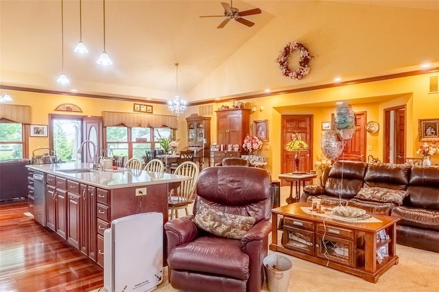 205 Hickman Dr, Bowling Green, MO 63334 - living room with ceiling fan, wood finished floors, high vaulted ceiling, and crown molding