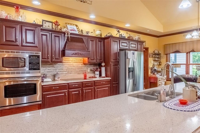 205 Hickman Dr, Bowling Green, MO 63334 - kitchen featuring appliances with stainless steel finishes, custom exhaust hood, a sink, ornamental molding, and lofted ceiling