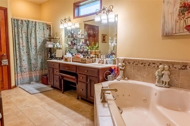 205 Hickman Dr, Bowling Green, MO 63334 - full bathroom featuring a whirlpool tub, tile patterned floors, double vanity, and a shower with shower curtain