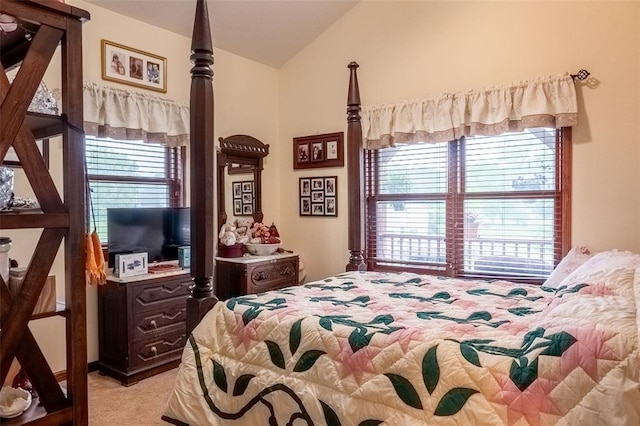 205 Hickman Dr, Bowling Green, MO 63334 - bedroom featuring multiple windows, vaulted ceiling, and light colored carpet