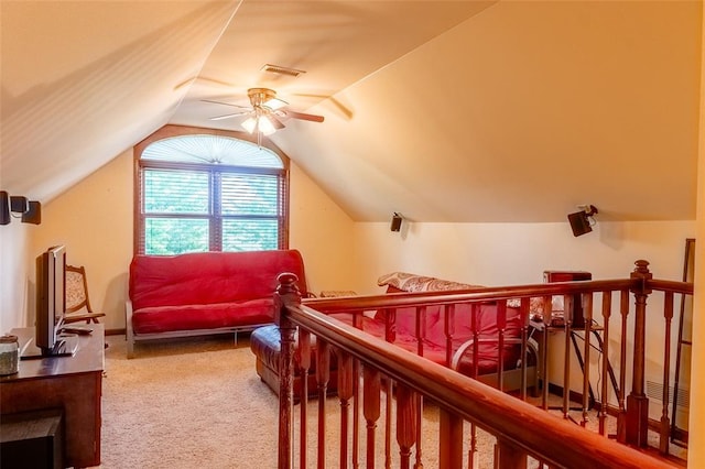 205 Hickman Dr, Bowling Green, MO 63334 - carpeted bedroom with a ceiling fan and vaulted ceiling