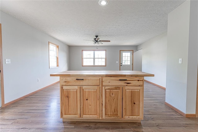 26805 Stephanie Ln, Laquey, MO 65534 - kitchen with ceiling fan, baseboards, wood finished floors, a textured ceiling, and a kitchen island
