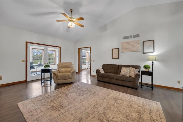 3 Jura Ct, Ofallon, MO 63368 - living area with a ceiling fan, baseboards, dark wood-style flooring, and high vaulted ceiling