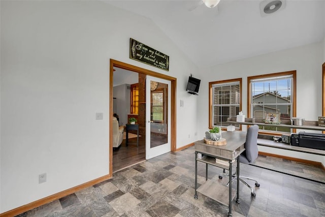 3 Jura Ct, Ofallon, MO 63368 - home office featuring lofted ceiling, baseboards, stone finish flooring, and ceiling fan