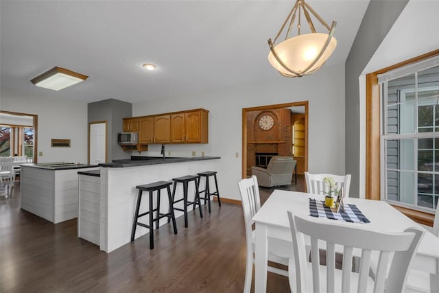 3 Jura Ct, Ofallon, MO 63368 - dining area with dark wood-style floors, healthy amount of natural light, baseboards, and a fireplace