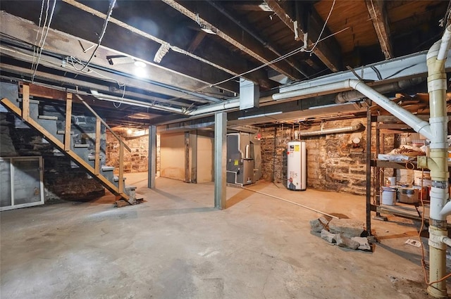 1225 Mackay Pl, Saint Louis, MO 63104 - unfinished below grade area with water heater, heating unit, and stairs