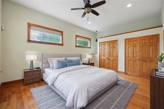 1225 Mackay Pl, Saint Louis, MO 63104 - bedroom with multiple closets, light wood-style floors, baseboards, recessed lighting, and ceiling fan
