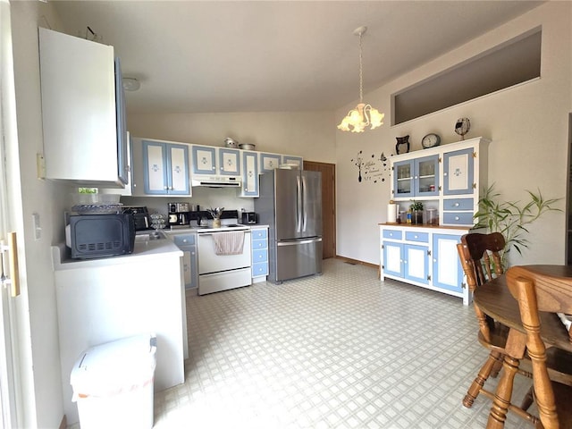817 Daniels Trl, Marthasville, MO 63357 - kitchen featuring white electric range, freestanding refrigerator, a chandelier, lofted ceiling, and light floors