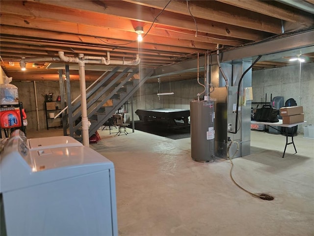 817 Daniels Trl, Marthasville, MO 63357 - unfinished below grade area featuring water heater, stairway, separate washer and dryer, and heating unit