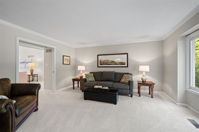 1807 Brookcreek Ln, Kirkwood, MO 63122 - living area featuring ornamental molding, light colored carpet, and baseboards