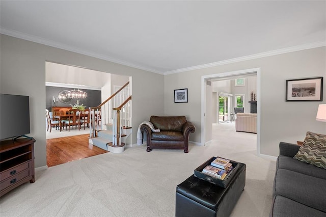 1807 Brookcreek Ln, Kirkwood, MO 63122 - carpeted living room with crown molding, a chandelier, baseboards, and stairway