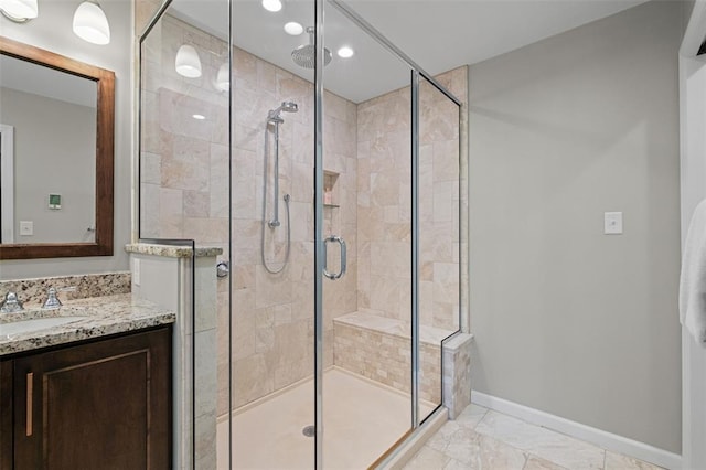 1807 Brookcreek Ln, Kirkwood, MO 63122 - bathroom with baseboards, a shower stall, marble finish floors, vanity, and recessed lighting