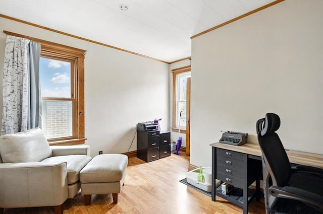 office with crown molding, light wood-style floors, and baseboards