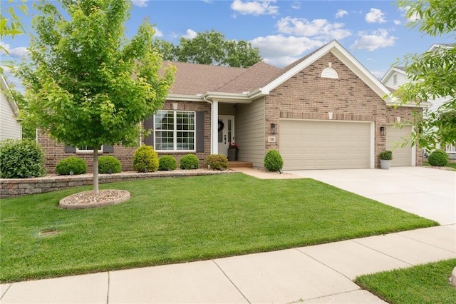 ranch-style house featuring brick siding, an attached garage, driveway, a front lawn, and a shingled roof