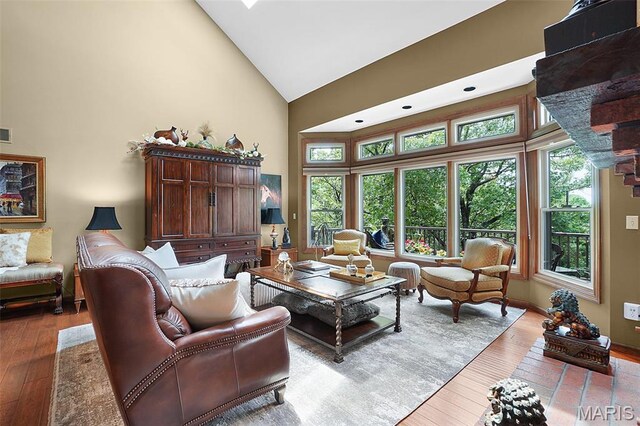 1553 Ridge Rd, Wildwood, MO 63021 - living area featuring high vaulted ceiling, wood-type flooring, and plenty of natural light