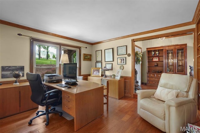 1553 Ridge Rd, Wildwood, MO 63021 - home office featuring a wainscoted wall, ornamental molding, and wood finished floors