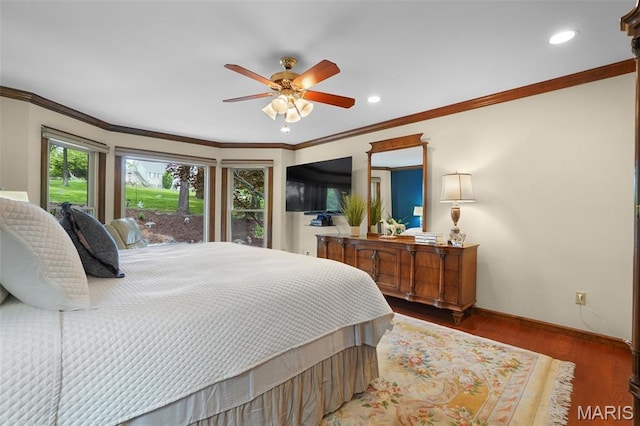 1553 Ridge Rd, Wildwood, MO 63021 - bedroom with wood finished floors, ornamental molding, recessed lighting, and a ceiling fan