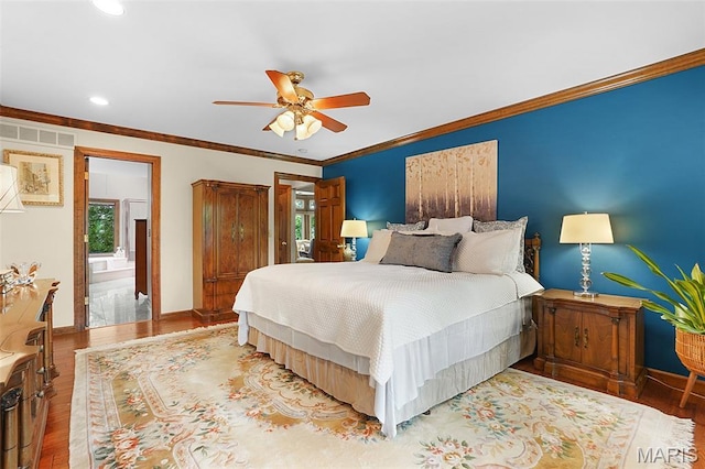 1553 Ridge Rd, Wildwood, MO 63021 - bedroom featuring wood finished floors, recessed lighting, crown molding, ceiling fan, and connected bathroom