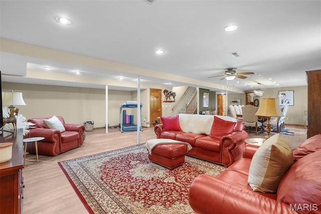 1553 Ridge Rd, Wildwood, MO 63021 - living room featuring stairway, recessed lighting, a ceiling fan, and light wood-style floors