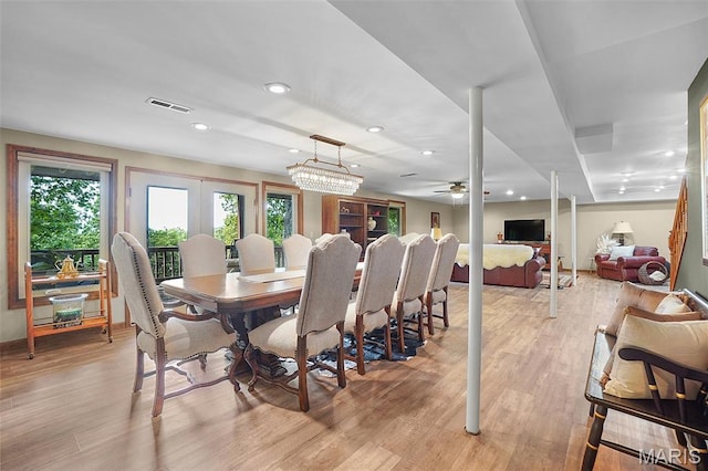 1553 Ridge Rd, Wildwood, MO 63021 - dining room with plenty of natural light, a ceiling fan, light wood-type flooring, and recessed lighting
