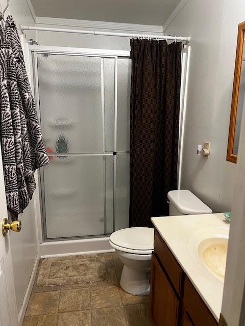 756 Eldon Dr, Bismarck, MO 63624 - full bath with a stall shower, toilet, vanity, crown molding, and stone finish floors