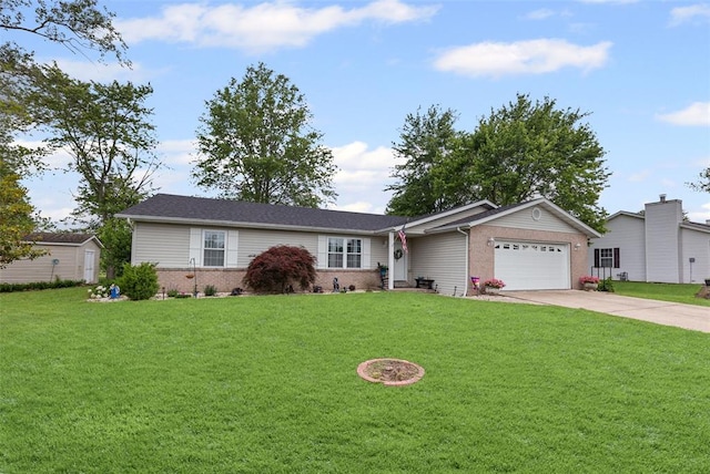 single story home featuring brick siding, an attached garage, driveway, and a front yard