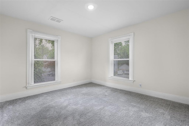 carpeted spare room featuring healthy amount of natural light and baseboards